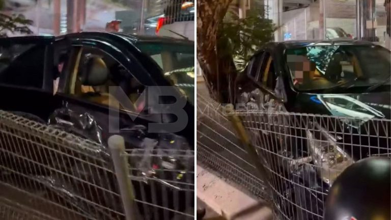 Nissan Almera naik ‘divider’ jalan, dipercayai dipandu individu mabuk