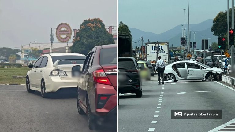 Sedan putih ‘mencelah’ trafik, hilang kawalan rempuh pembahagi jalan