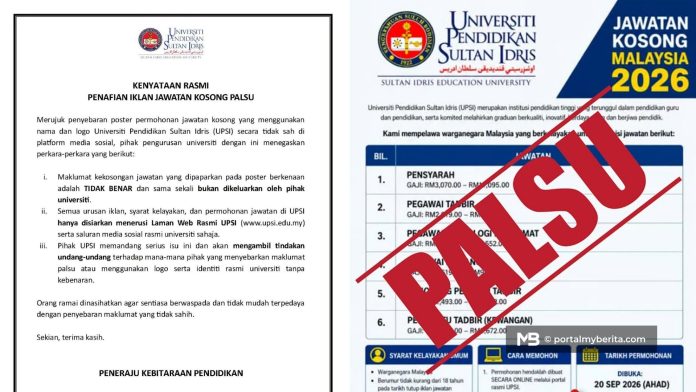 UPSI nafi iklan jawatan kosong 2026, beri amaran tindakan undang-undang
